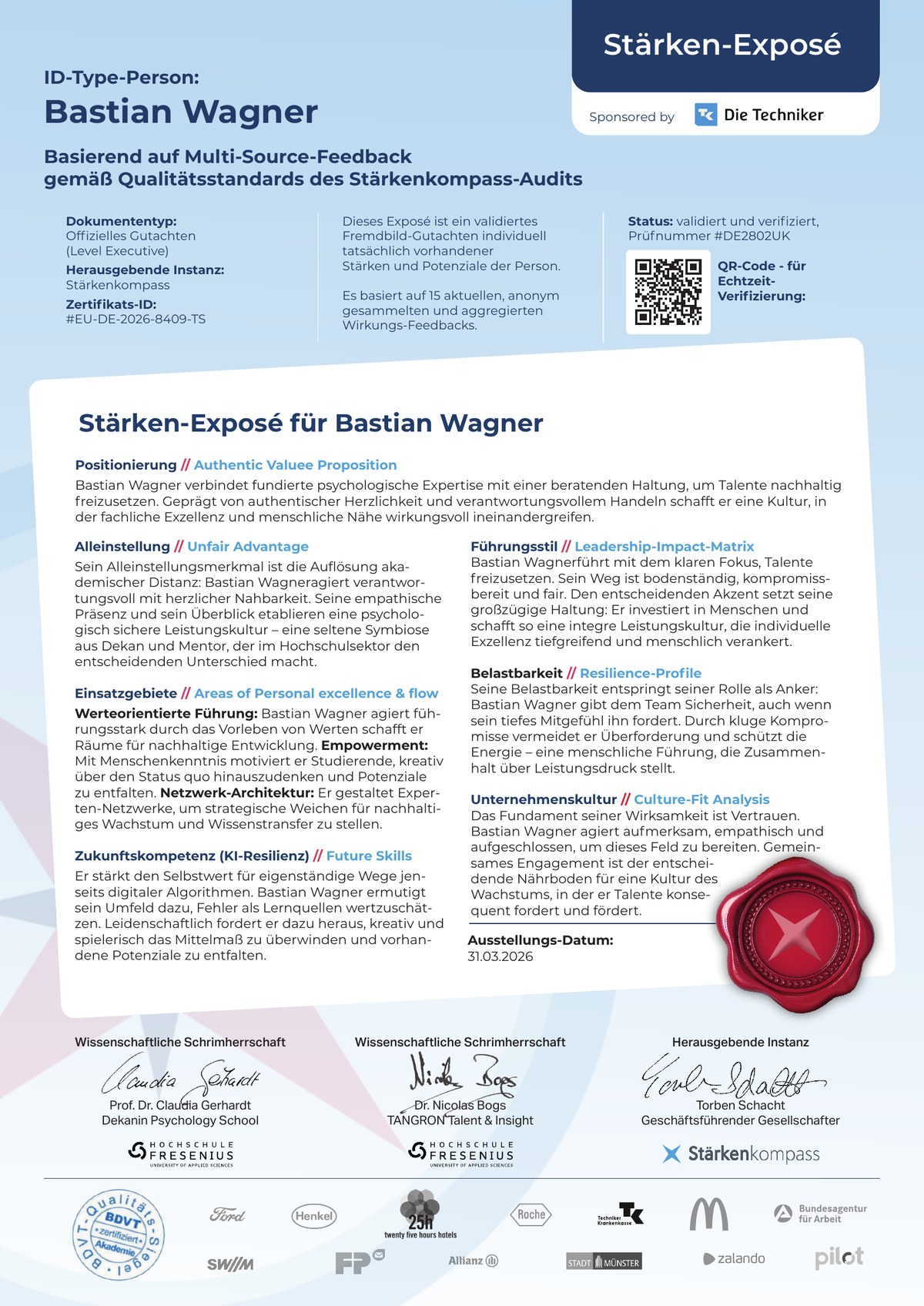 Beispiel Stärken-Exposé — offizielles Gutachten mit Zertifikats-ID, QR-Verifizierung und wissenschaftlicher Schirmherrschaft